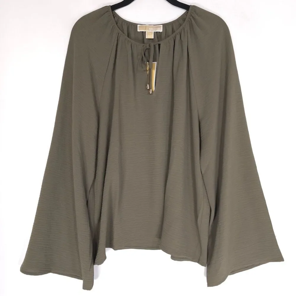 MICHAEL KORS Women’s New Top Blouse LARGE Olive Bell Sleeve Casual QS540USDQ0